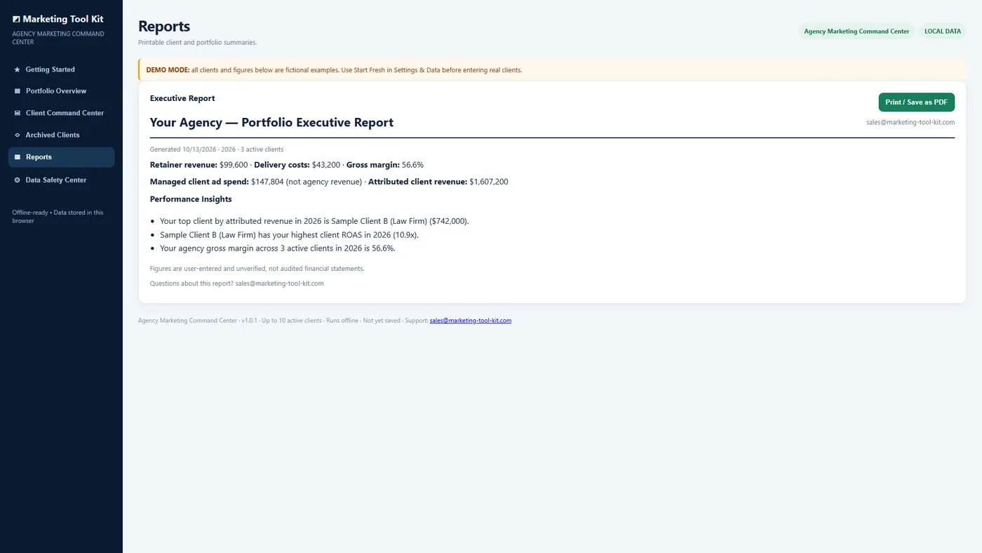 Agency Marketing Command Center printable Executive Report with performance insights